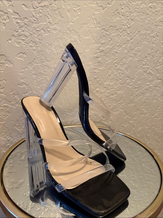 Wild Diva Shoes - Wild Diva Black Sandals with Clear Straps and Lucite Block Heels